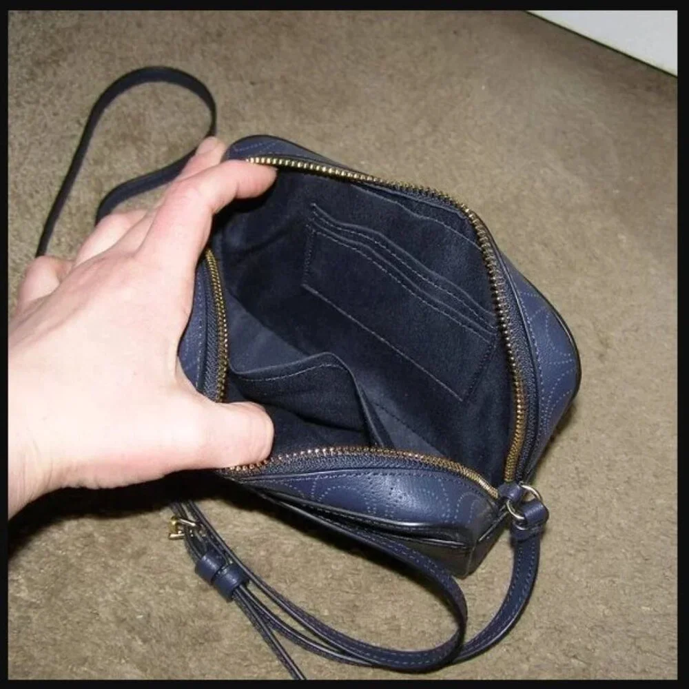 💙 NWOT Coach Navy Blue Perforated Leather Camera Bag Crossbody